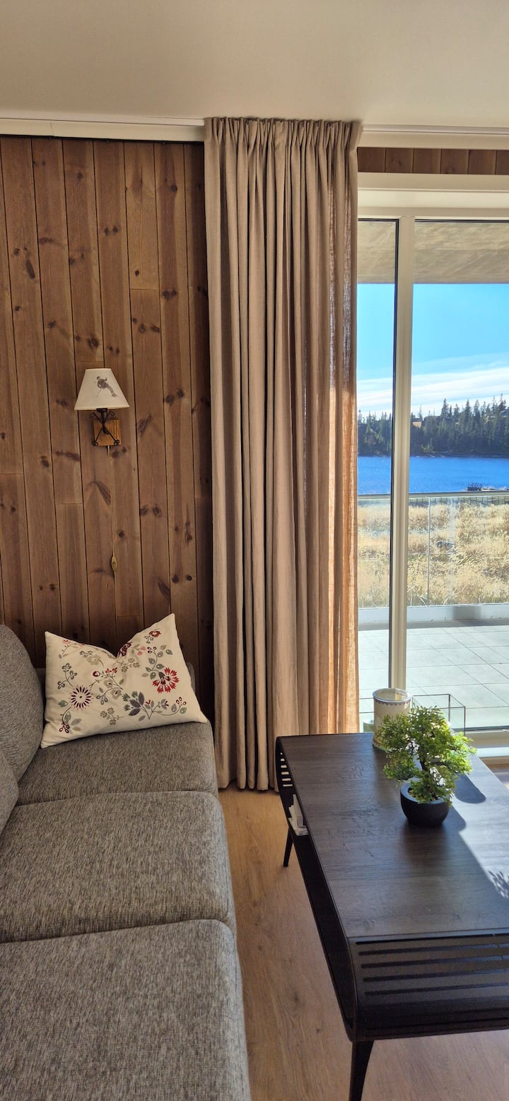 Il y a un joli coin canapé avec de la place pour 6. Belle vue sur Sjusjøen