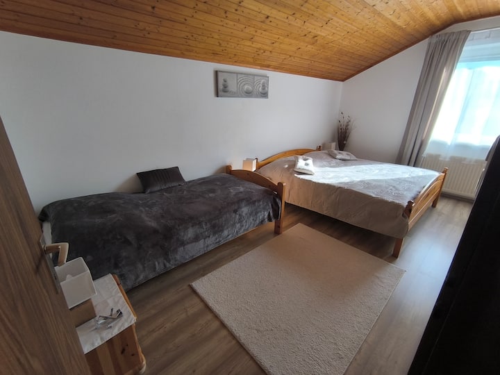 Dhomë bredhi, krevat dopio dhe krevat tek, kati i sipërm (me pamje nga lugina)