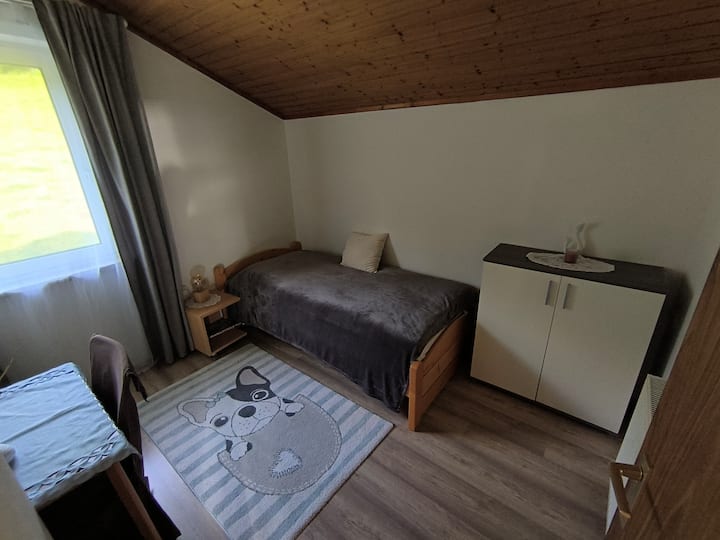 Dhomë e vogël teke (dhomë për fëmijë), kati i sipërm (pamje nga livadhi alpin)