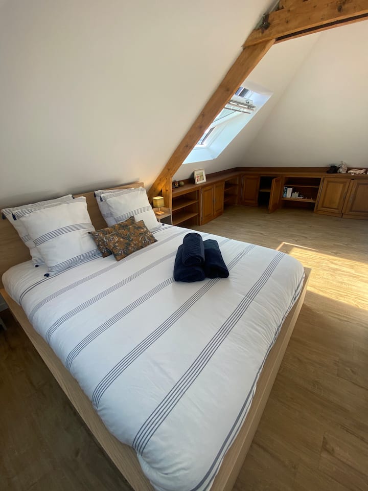 Priestranná slnečná izba (na juh a východ) s výhľadom na záhradu a kopce. Nová posteľná bielizeň 160. Celková plocha 20 m² so šikmou časťou. Okno Velux s novými integrovanými automatickými roletami. 