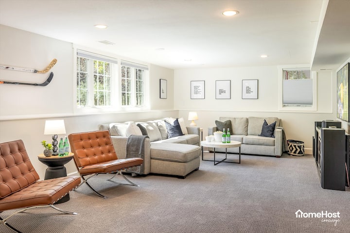 Family room in the basement with double sofa bed