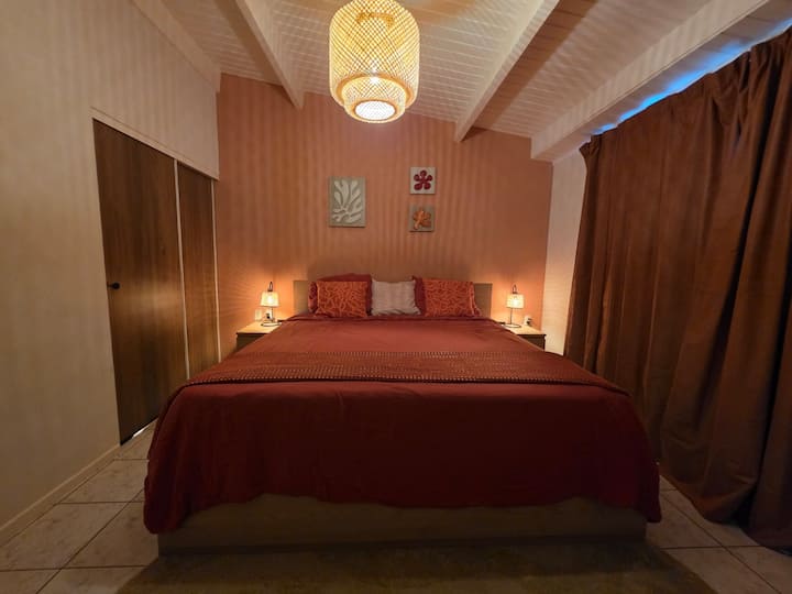 Wake up rested in the comfortable king-size bed with air conditioning.