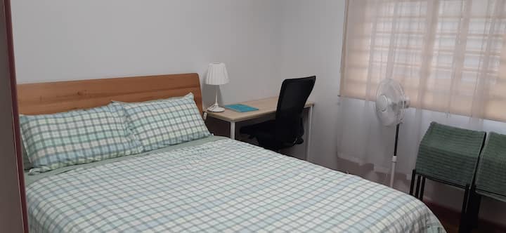 Cama tamaño queen, 4 almohadas, edredón, lámpara de cabecera, escritorio y silla, ventilador, 2 toalleros y 2 toallas.