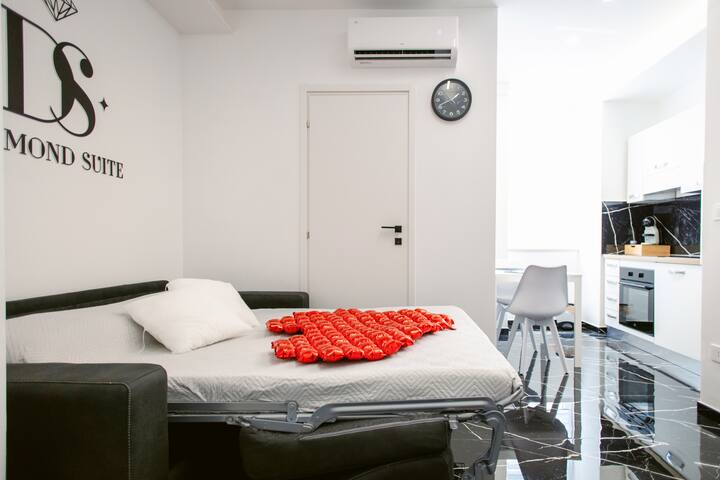 Მისაღებ ოთახში არის გასაშლელი დივანი, სასადილო მაგიდა, სრული სამზარეულო ყავის აპარატით, ინდუქციური გაზქურის ზედაპირი, ღუმელი, პოდები, კონდიციონერი და სმარტ-ტელევიზორი.