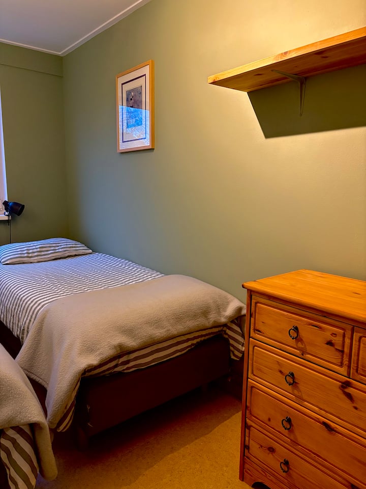 El acogedor dormitorio verde con vestidor de madera para guardar tu ropa y un gran espejo de cuerpo entero.