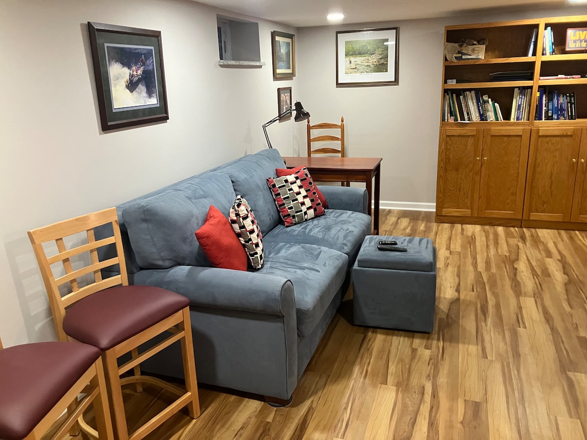 סלון 2 הוא המרתף. הספה הכחולה הופכת למיטת קווין סייז עם מזרן קצף. שימו לב שאין חדר רחצה במרתף, אבל חדר השירותים נמצא ממש בראש המדרגות המובילות למרתף.