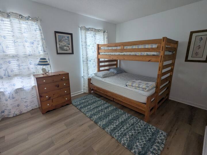 Full size and Twin size bunk beds with small trundle bed pull out. Dresser and large closets.