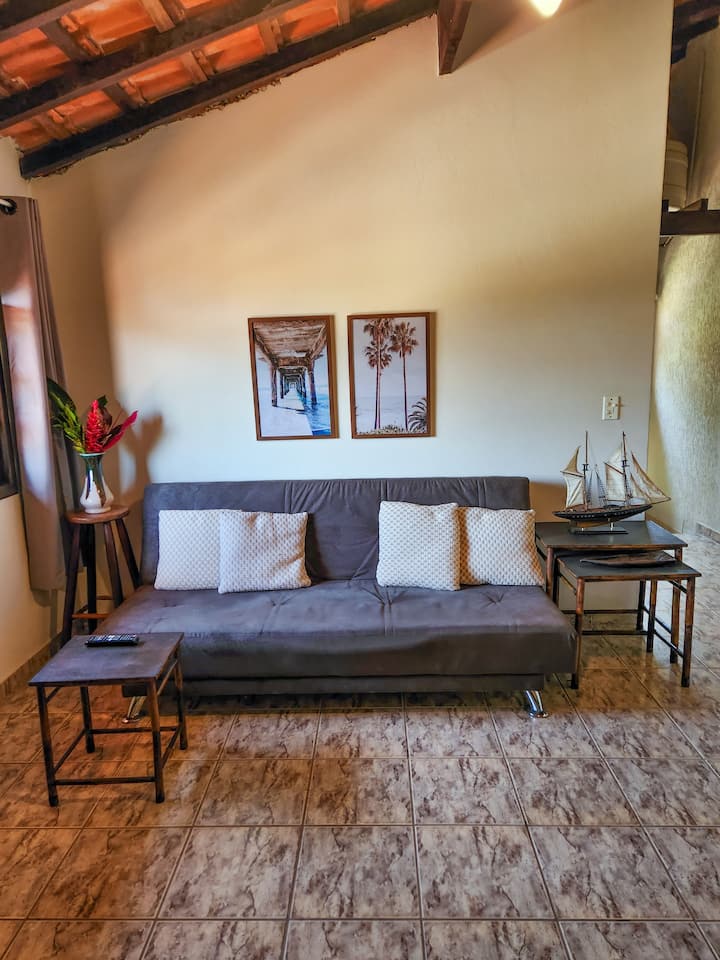 Самостоялна ТВ стая с двоен разтегателен диван (в момента апартаментът има нови вентилатори на тавана и облицовка)