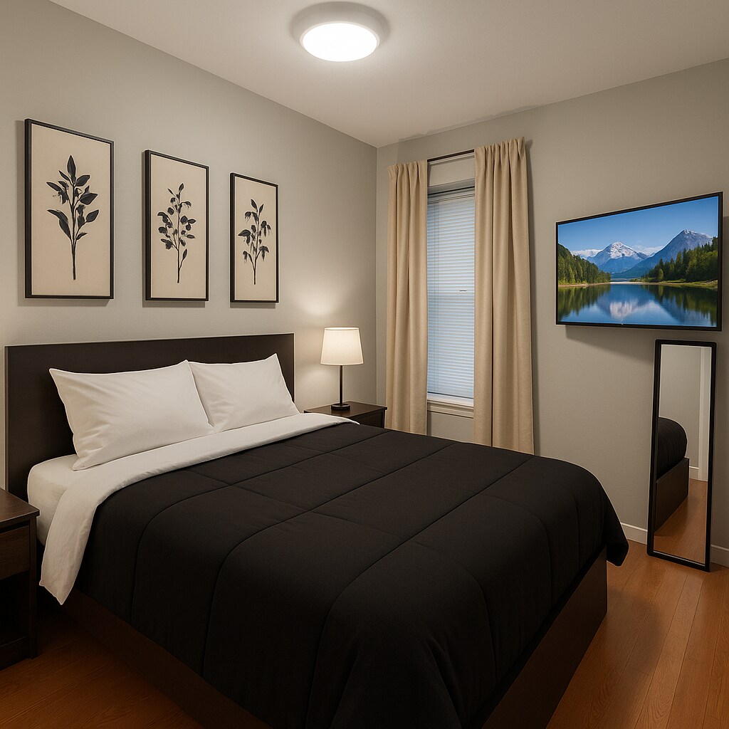 ห้องนอนที่น่าอยู่นี้มีเตียงขนาดควีนไซส์ทีวีจอแบนม่านทึบแสงโต๊ะข้างกระจกโคมไฟและตู้เสื้อผ้าขนาดพอเหมาะเพื่อรองรับทุกความต้องการในการจัดเก็บ