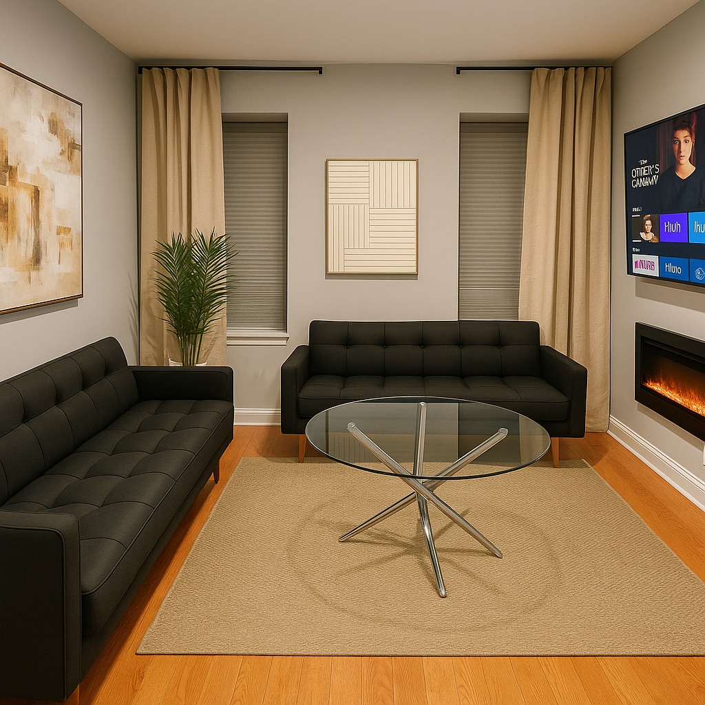 ห้องนั่งเล่นทันสมัยที่มีโซฟาสีดำเรียบหรู โต๊ะกาแฟกระจก ทีวีติดผนัง และเตาผิงไฟฟ้า — ออกแบบด้วยแสงสีอบอุ่นและโทนสีธรรมชาติเพื่อการเข้าพัก Airbnb ที่อบอุ่นและหรูหรา