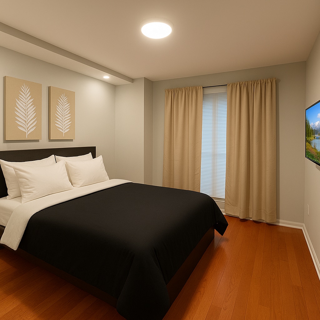 ห้องนอนควีนไซส์สไตล์โมเดิร์นพร้อมทีวีขนาด 50 นิ้วผ้านวมสีดำหมอนสีขาวและพื้นไม้เนื้อแข็งที่อบอุ่นตู้เสื้อผ้าและห้องน้ำในตัว — สะอาดอบอุ่นและเหมาะสำหรับผู้เข้าพัก Airbnb