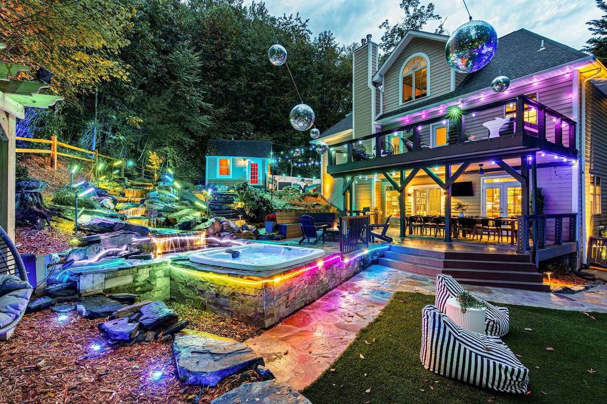 Full outdoor entertainment area at night