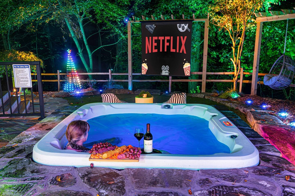 Outdoor entertainment area at night