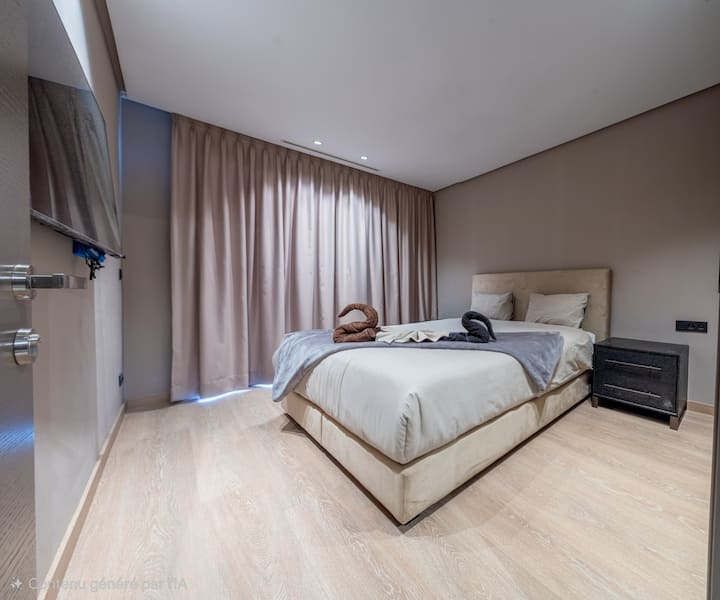 Habitación con cama doble cómoda, balcón privado con una hermosa vista, Smart TV y gran armario de almacenamiento para una estancia que combina comodidad y practicidad.

