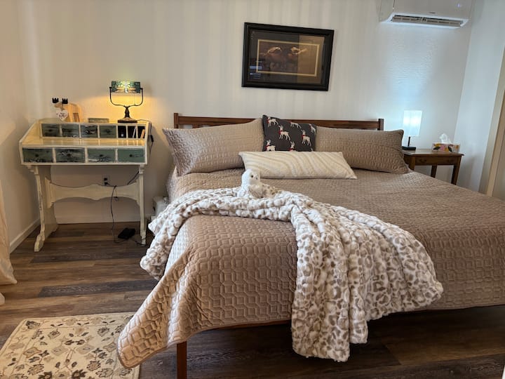 El dormitorio principal tiene un área de trabajo de escritorio pequeña, armario doble completo, entrada directa al baño, su propio televisor Roku de 43 pulgadas montado en la pared, bonita vista al jardín desde la ventana hacia el patio trasero y una cama tamaño king.