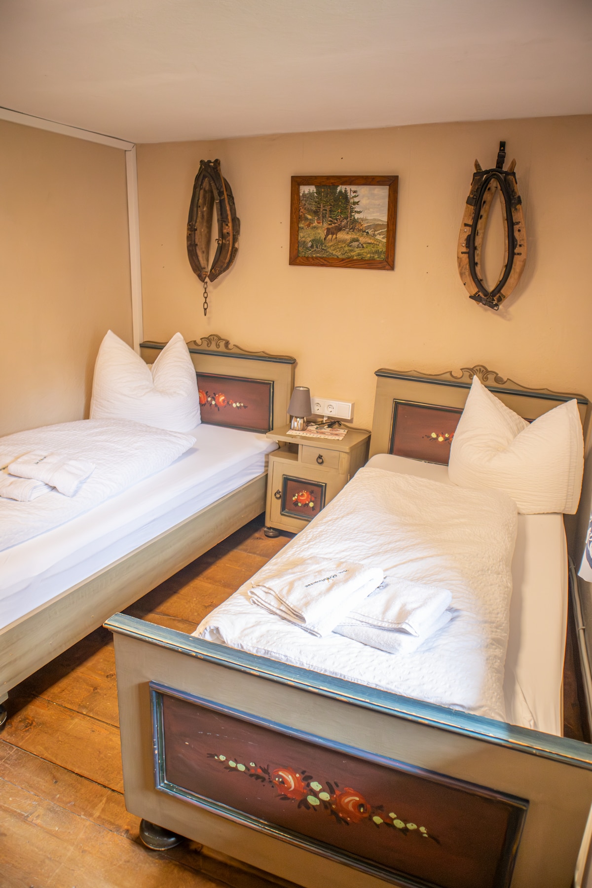 Habitación doble con decoración rústica y hermosas vistas a la montaña. Camas tradicionales para noches acogedoras.