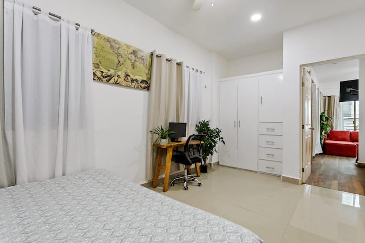 Room with bed, closet and work area