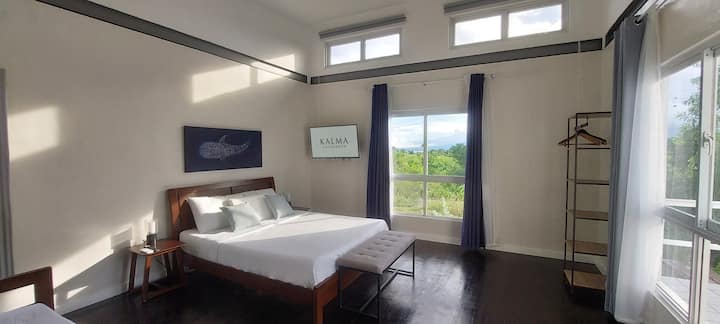 主卧室可欣赏郁郁葱葱的景观，配有一张标准双人床和一张沙发床，可转换为两张单人床，非常适合家庭或朋友一起旅行入住。」