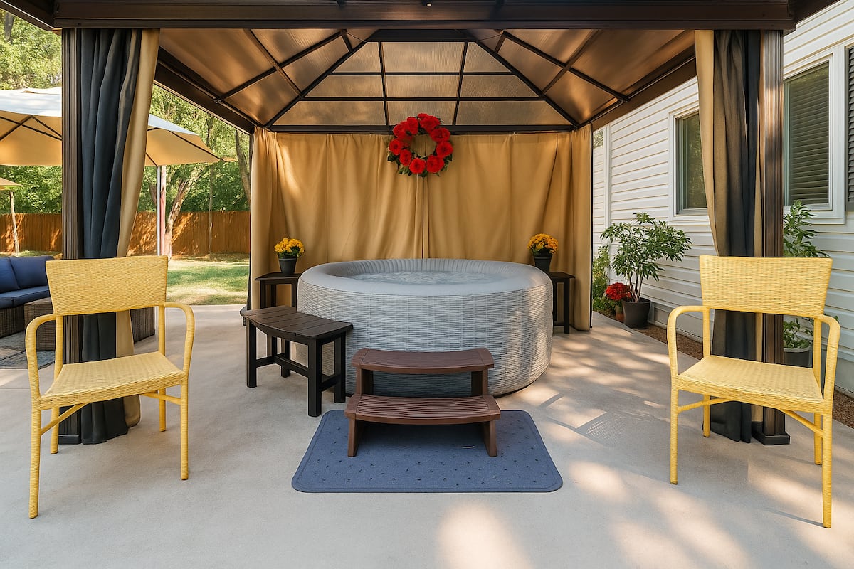 Backyard patio with fire pit, outdoor seating and umbrella at night — Charlotte Garden Oasis