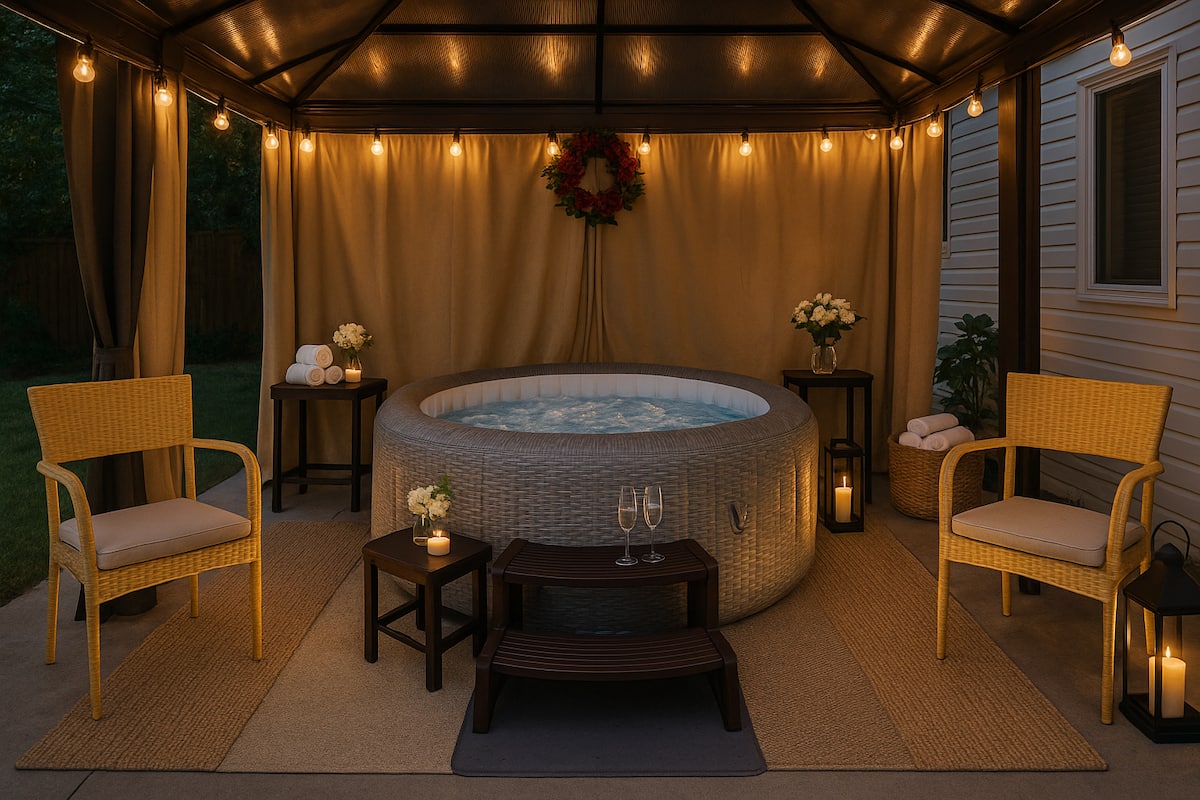 Garden-style hot tub with surround tables and candles at Charlotte Garden Oasis private retreat