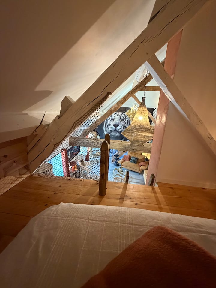 «Habitación experiencia cabaña», accesible por escalera y protegida por la dulce mirada del tigre de Bengala. ¡Encuentre su alma de niño en este espacio único! 