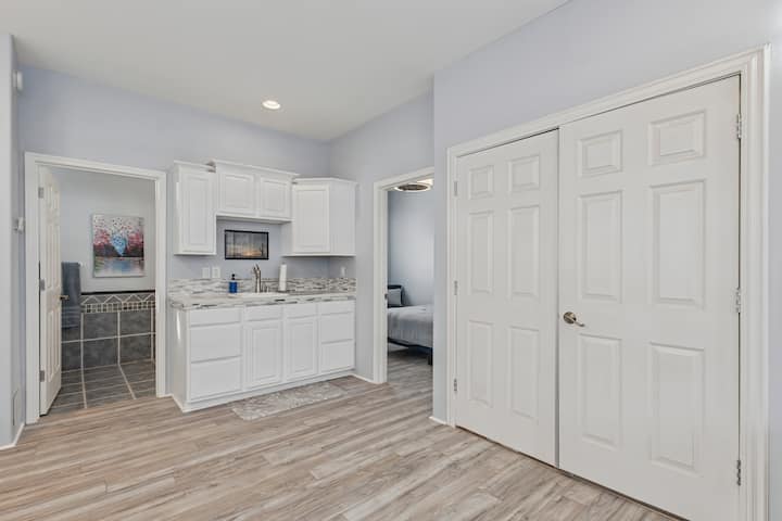 Casita kitchen with full size refrigerator, oven, stove and microwave oven