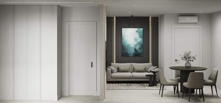 Sala de estar: el diseño elegante se combina con la comodidad con arte llamativo y un espacio perfecto para relajarse y conectarse. Totalmente equipado.