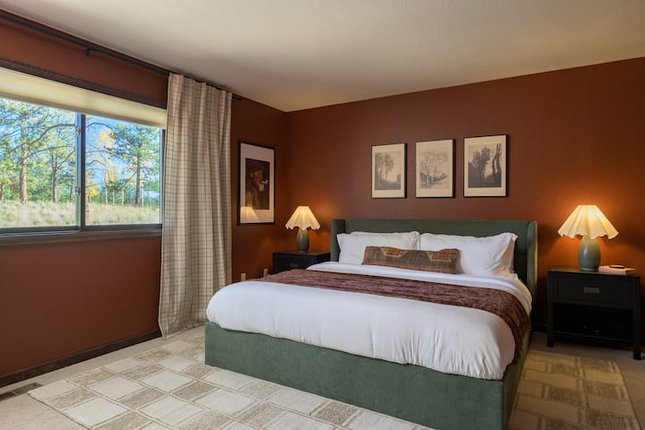 Camera da letto con letto king size, TV girevole per Netflix e relax e un ampio armadio.