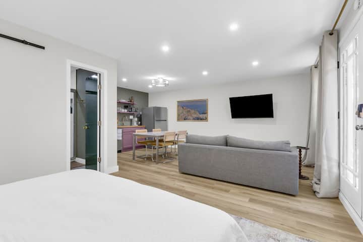 Studio ya wazi ya futi za mraba 500 iliyo na kitanda cha king, jiko kamili, kochi kubwa na runinga; mchanganyiko kamili wa starehe na mtindo huko Dallas.