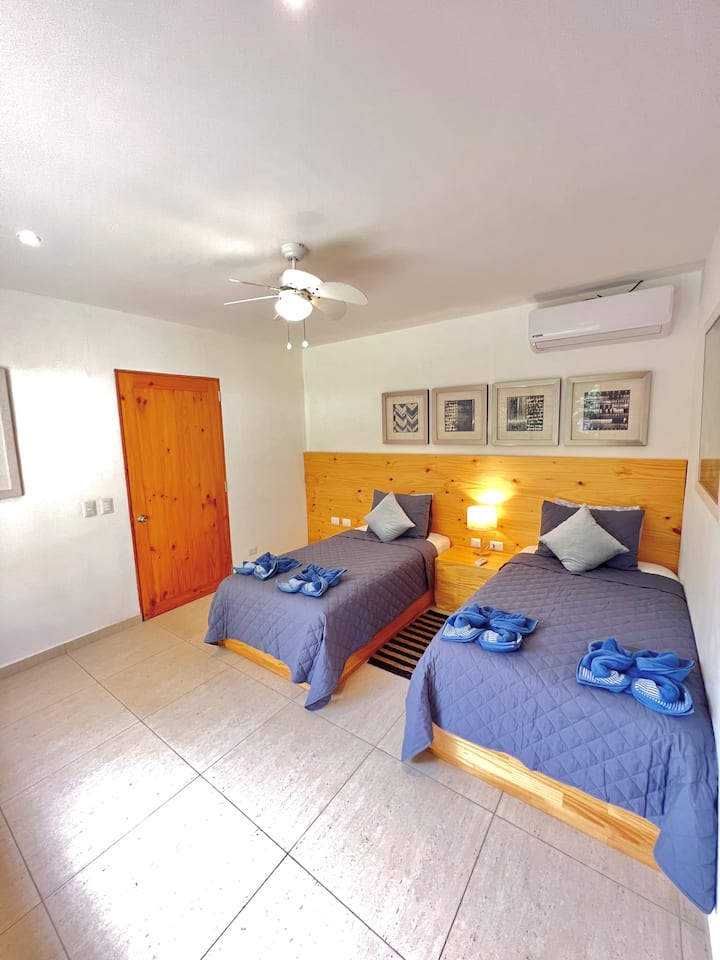 Large room with two single beds, perfect for relaxing in comfort.