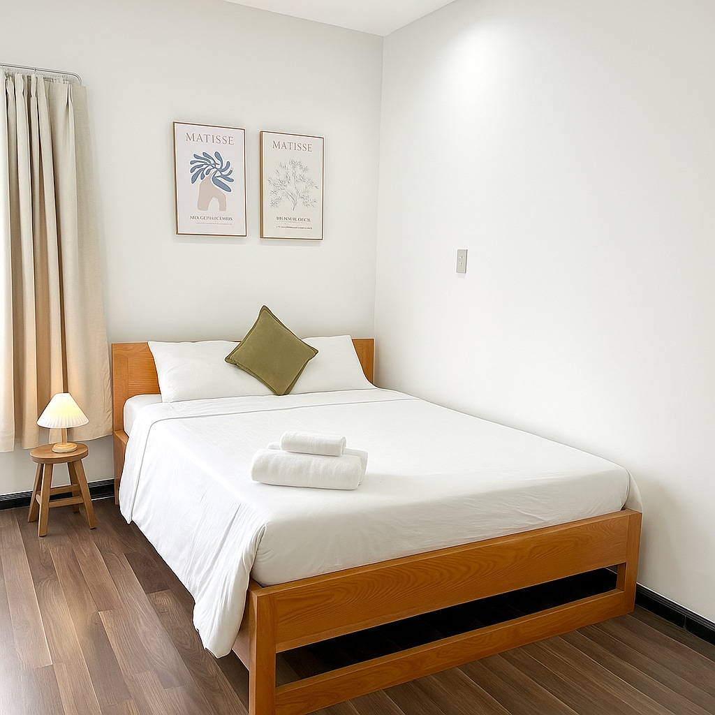 Una escapada serena envuelta en paredes de felpa relajantes, centrada alrededor de una lujosa cama tamaño queen. La habitación está anclada por un hermoso armario de ratán, que añade calidez natural. Las grandes ventanas completan este nido de tranquilidad, diseñado para un sueño profundo y reparador.