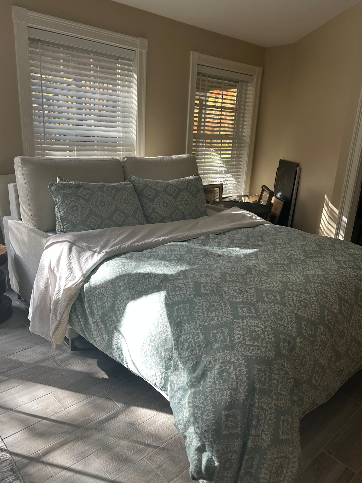 Chumba cha kulala ambacho pia ni chumba cha familia.  Iko kwenye chumba cha chini kilichokamilika na Bafu kamili la kujitegemea.