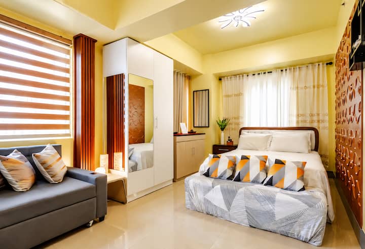 Master's Bedroom, Panasonic Split-type inverter Aircon with NanoEx Technology for clean indoor air, Ceiling light with fan, Queen-size Bed, Large Wardrobe Cabinet with mirrors, side table with drawers, windows with curtains & Llumar US  tint.