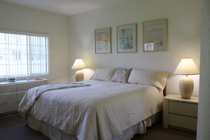 Spacious primary bedroom with comfortable king size bed, TV with cable, and plenty of closet/drawer space. This room also has direct access to the back patio and a private, en-suite bathroom.