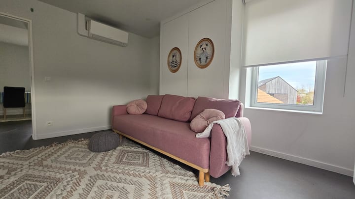 Chumba cha pili cha kulala ni sehemu angavu, yenye starehe na kitanda imara cha sofa kwa ajili ya watu 2. Madirisha mawili hutoa mwanga wa mchana na mwonekano wa ua wa nyumba. Chumba kinaweza kufungwa na kina kiyoyozi chake cha kupoza au kupasha joto.