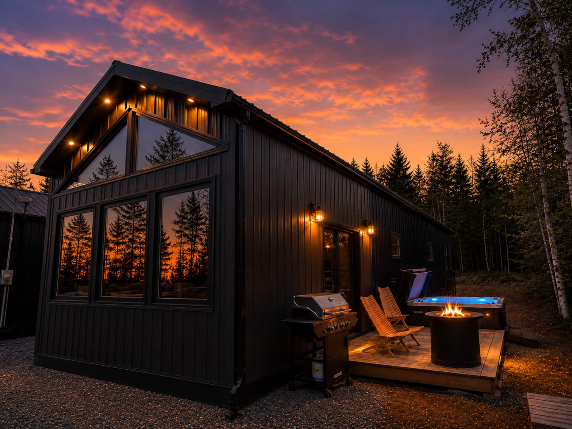 Nordhavn Stays — duplex cabins at sunset with private hot tubs and fire pits