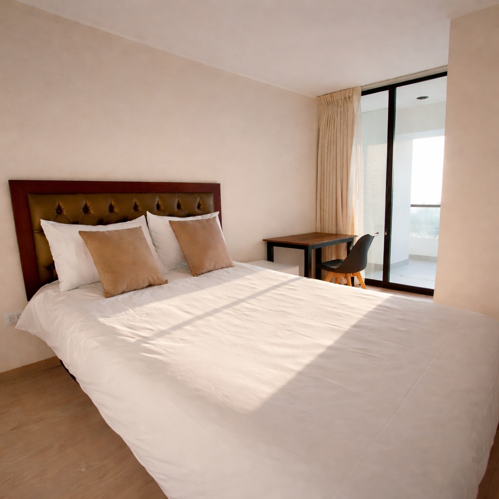 Hlavná spálňa s manželskou posteľou, čalúneným záhlavím v teplých tónoch, ľahkou posteľnou bielizňou a priamym prirodzeným svetlom. Obsahuje funkčný stôl vedľa okna a prístup na balkón.
