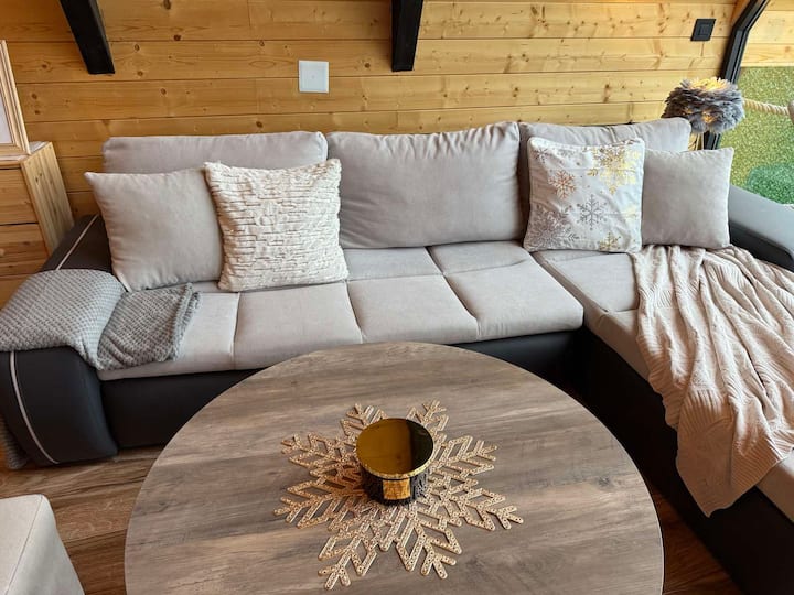 Luminoso salón forrado de madera con cómoda zona de estar y un ambiente tranquilo y moderno de cabaña de montaña.