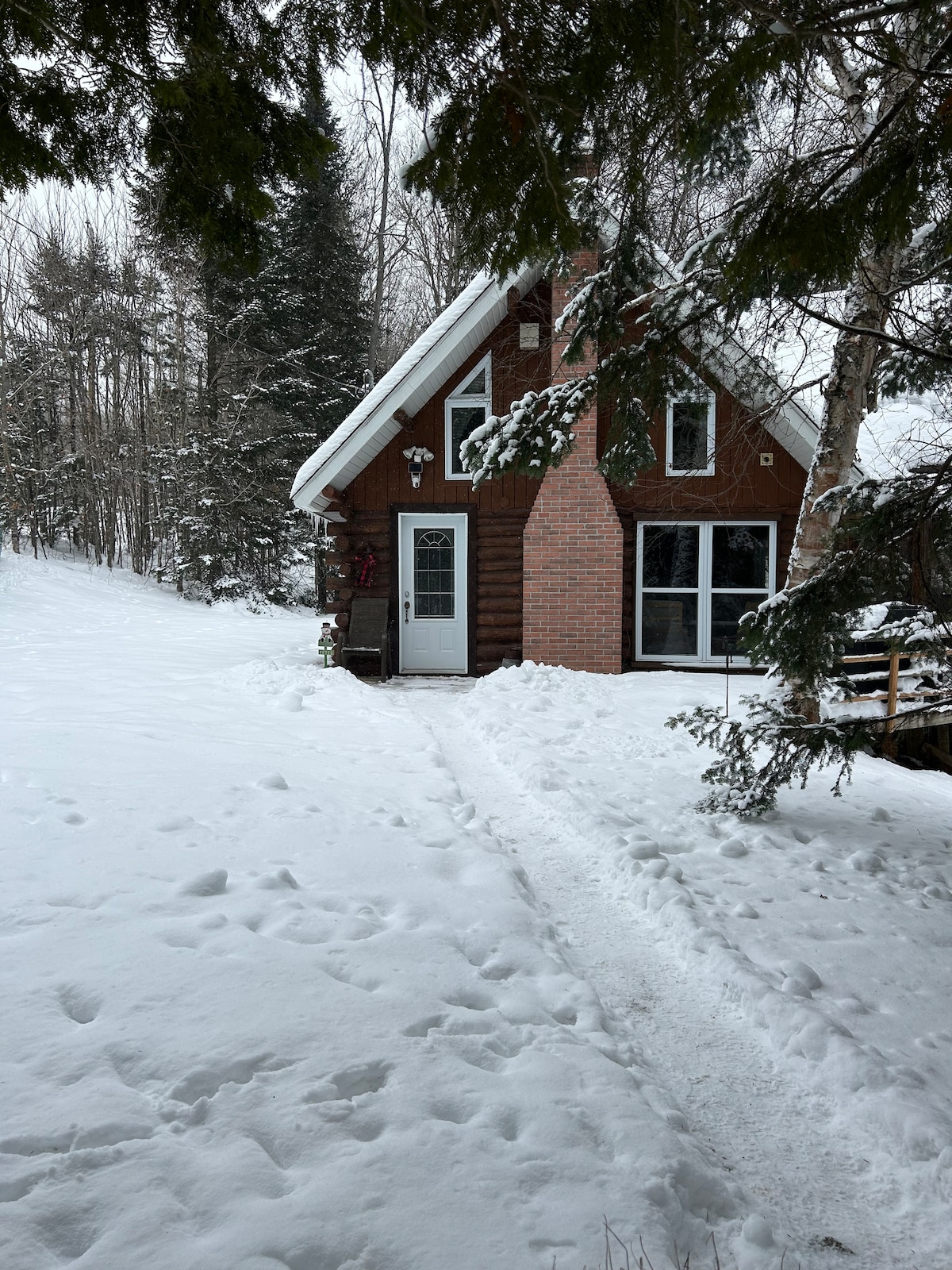 A wooden chalet, characterized by its triangular roof and large front windows, is set against a snow-covered landscape. A pathway through the snow leads to the front door, surrounded by tall trees, creating a peaceful, secluded atmosphere.