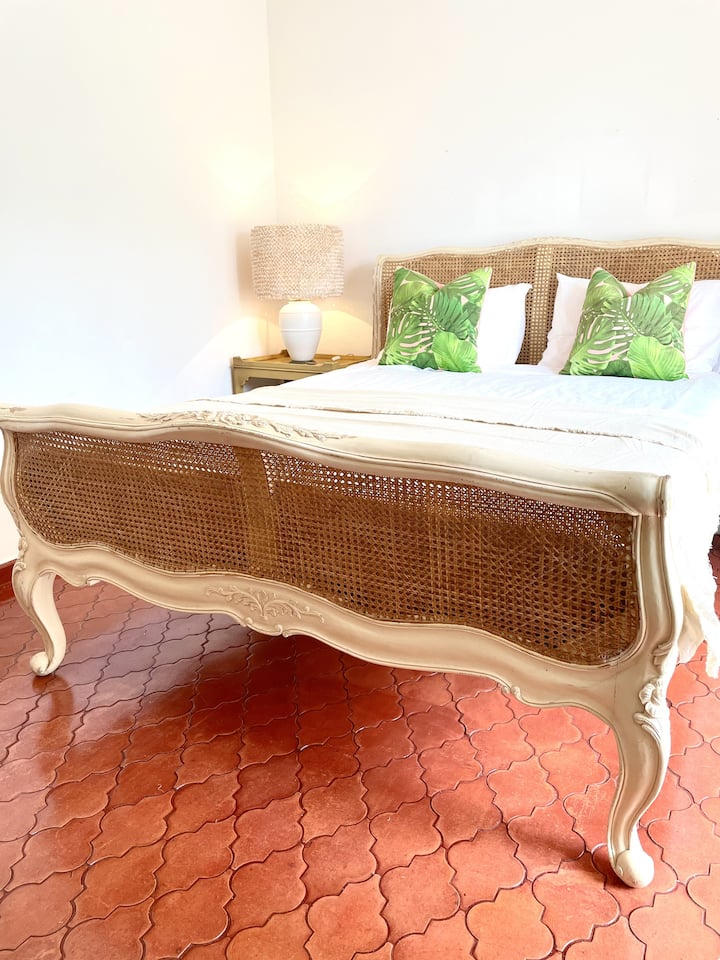 Bedroom 7 is on the lower level of the pool house with king size bed and its own ensuite shower room.  It has a small terrace overlooking the gardens.