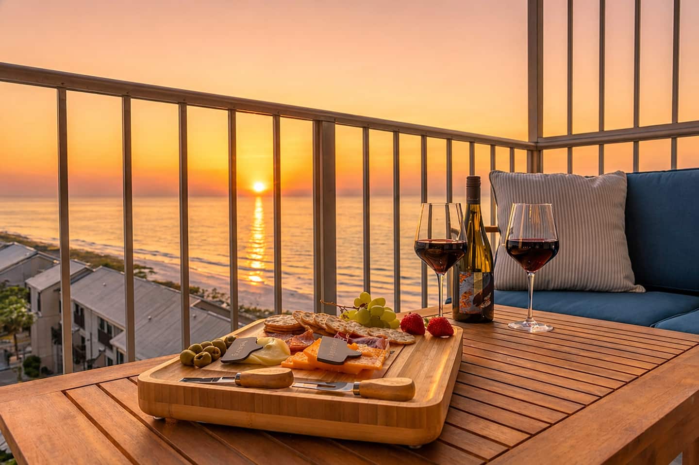 Sunset from the private balcony, with wine and a cheese board and a view over the Gulf
