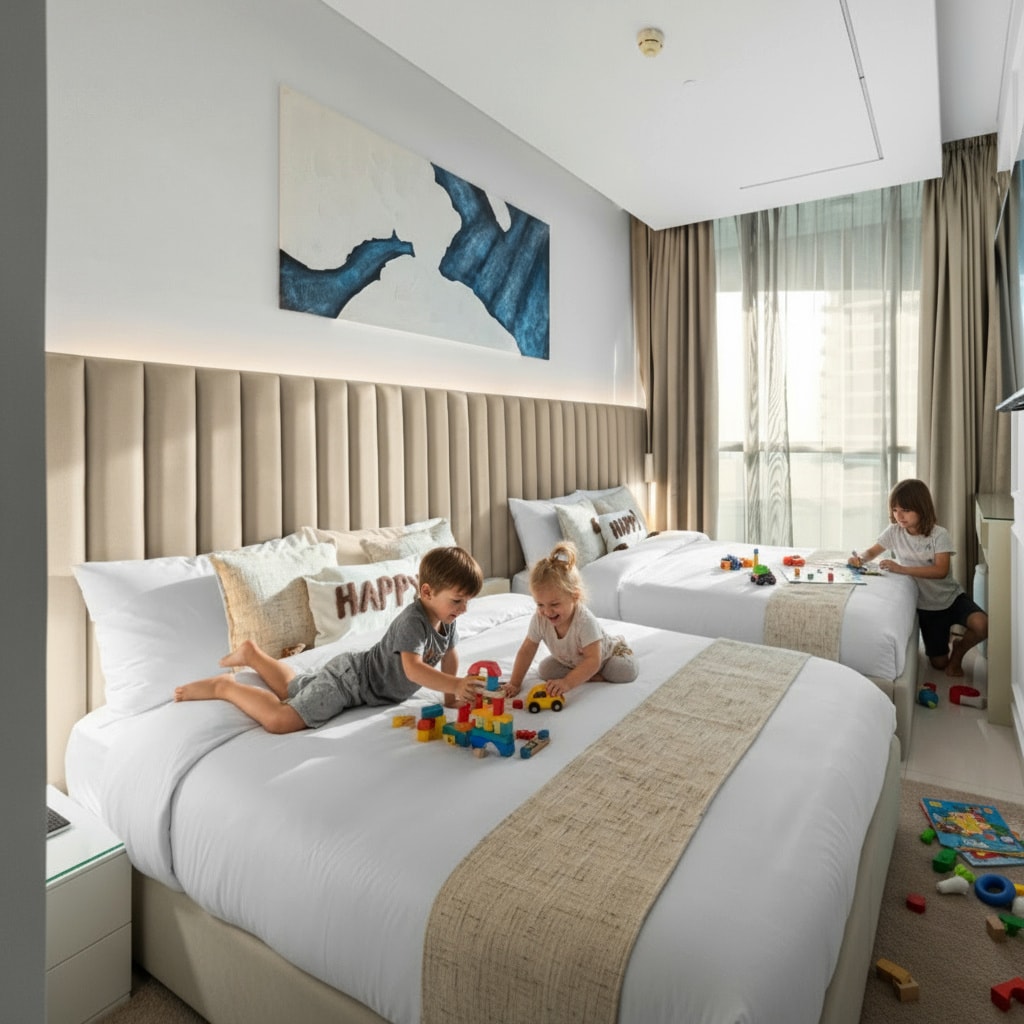 Priestranná druhá spálňa s dvoma manželskými posteľami – ideálna pre rodiny cestujúce s deťmi.