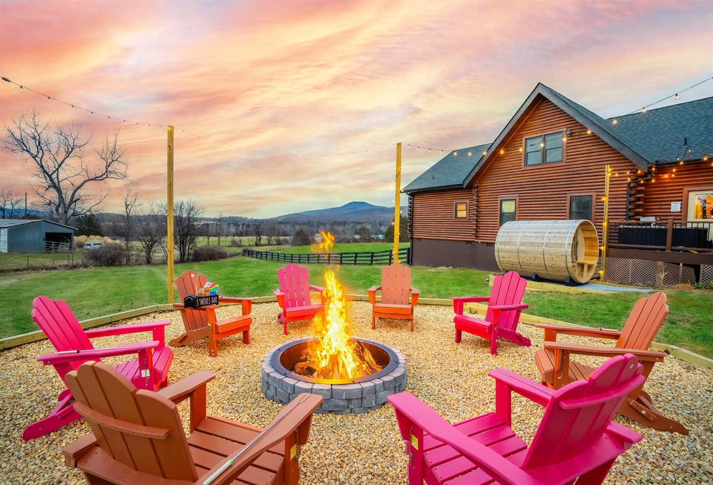 Gather around the fire under open skies — Adirondack chairs, mountain air, and s'mores after a day of Shenandoah adventures.