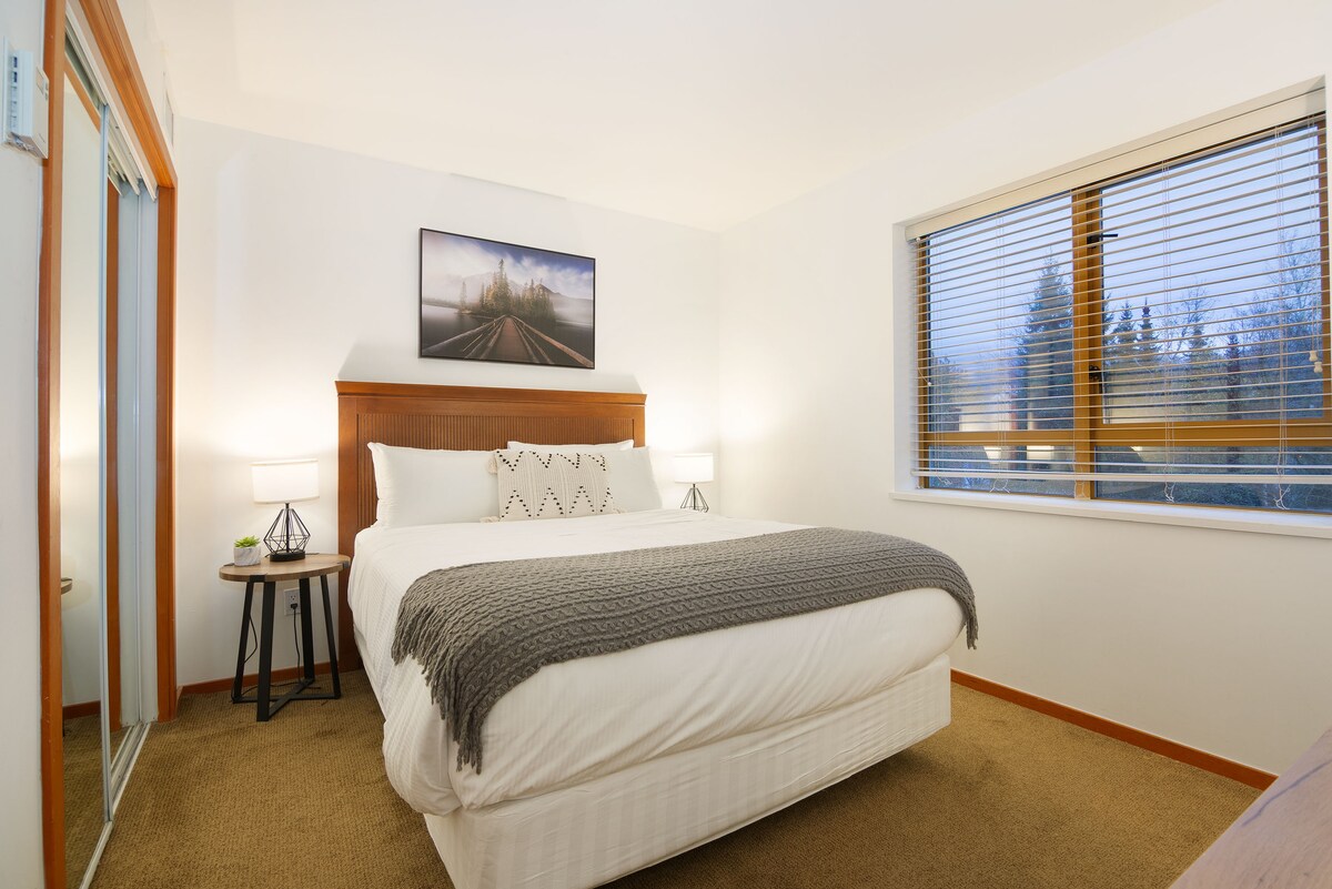 Grote slaapkamer met queensize bed en tv