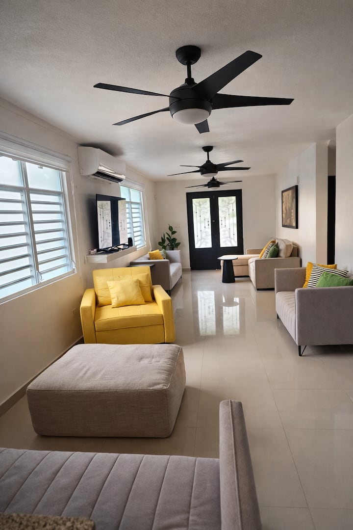 The yellow sofa turns into a twin bed.