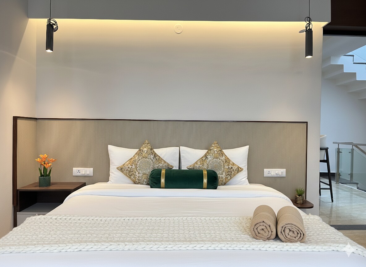 Искусете неспоредлива релаксација во оваа прекрасно уредена и луксузна спална соба која е опремена со клима уред