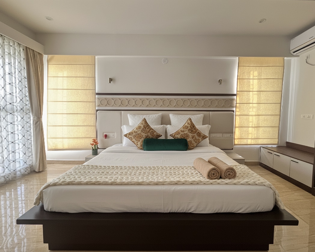 Искусете неспоредлива релаксација во оваа прекрасно уредена и луксузна спална соба која е опремена со клима уред