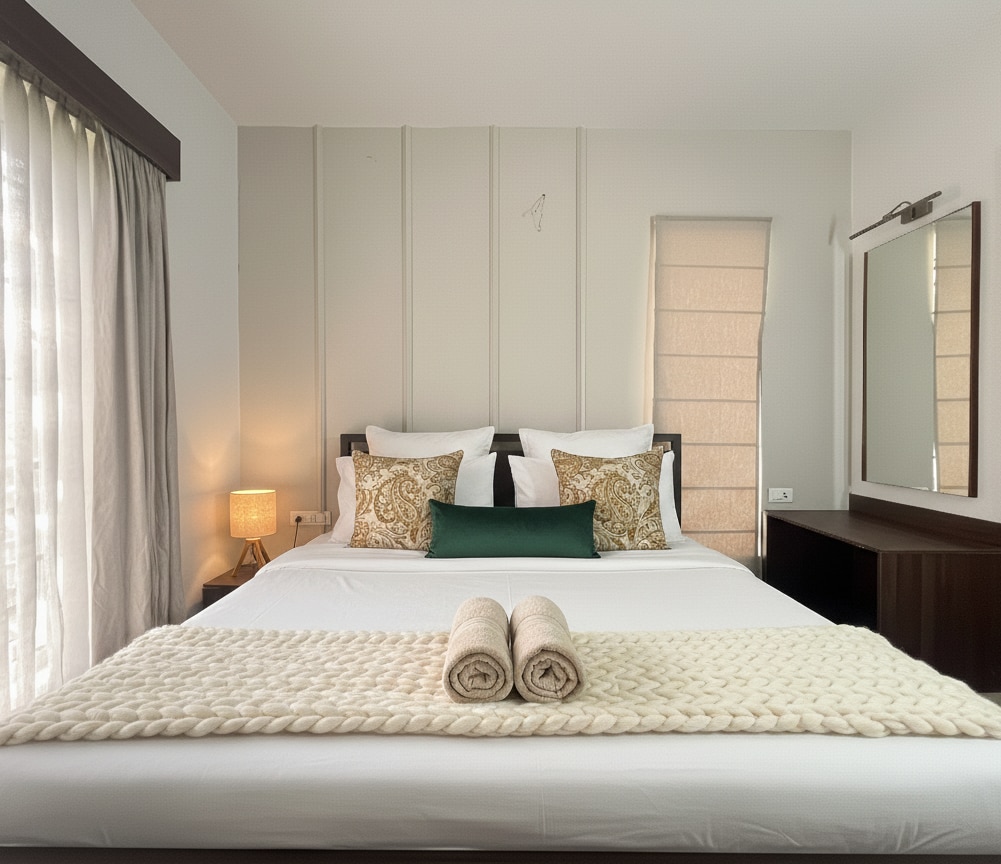 Искусете неспоредлива релаксација во оваа прекрасно уредена и луксузна спална соба која е опремена со клима уред