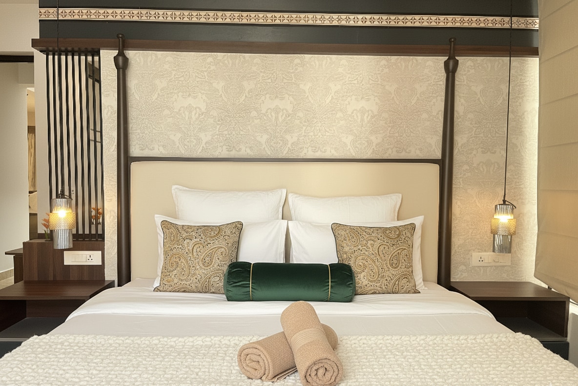 Искусете неспоредлива релаксација во оваа прекрасно уредена и луксузна спална соба која е опремена со клима уред