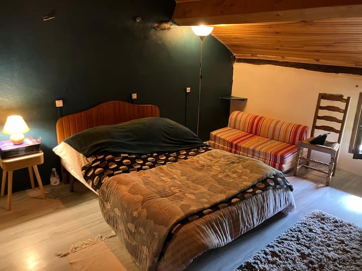 Una gran habitación con una cama de matrimonio y un sofá de espuma que se convierte rápidamente en cama. 
Hay muchos espacios de almacenamiento.
¡El espacio ideal para convertir en dormitorio para niños que quieren transformar las noches en la montaña en momentos mágicos!